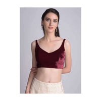 Burgundy Sleeveless Blouse In Velvet With Curved V Neckline