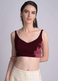 Burgundy Sleeveless Blouse In Velvet With Curved V Neckline