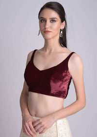 Burgundy Sleeveless Blouse In Velvet With Curved V Neckline