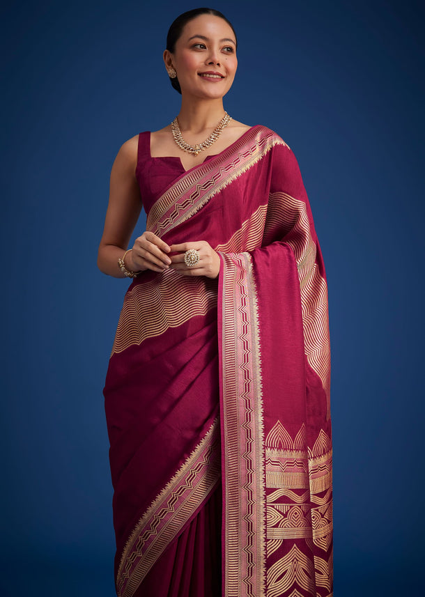 Burgundy Pink Dola Silk Saree With All Over Zari Work