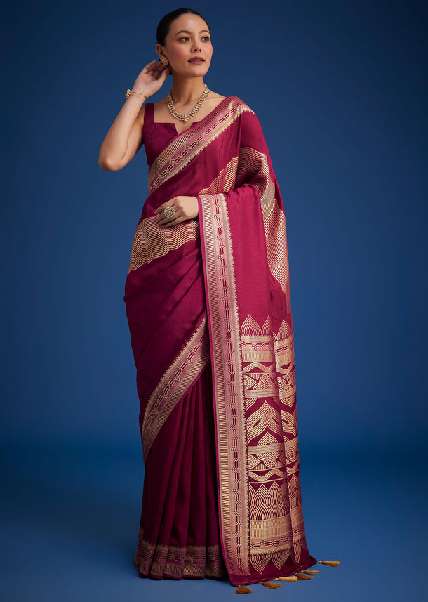 Burgundy Pink Dola Silk Saree With All Over Zari Work