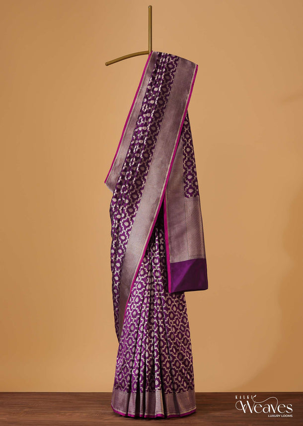 Burgundy Purple Handloom Banarasi Saree In Uppada Silk With Gold Zari Weave And Unstitched Blouse