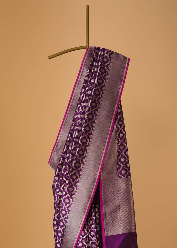 Burgundy Purple Handloom Banarasi Saree In Uppada Silk With Gold Zari Weave And Unstitched Blouse