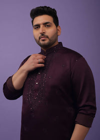 Burgundy Purple Lucknowi Embroidered Kurta In Mini Silk