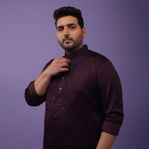 Burgundy Purple Lucknowi Embroidered Kurta In Mini Silk