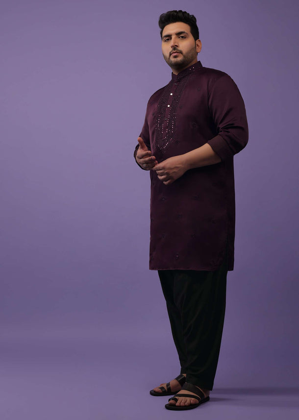 Burgundy Purple Lucknowi Embroidered Kurta In Mini Silk