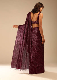 Burgundy Ready Pleated Saree Embellished In Sequins With Bead Fringes, Moti Embellished Belt And Matching Sequins Blouse