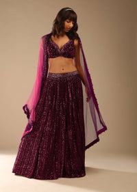 Burgundy Red LehengaEmbellished In Sequins With A Velvet Choli Adorned In Flower Shaped Sequins