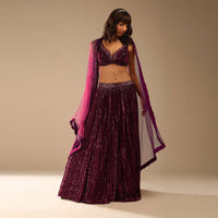 Burgundy Red LehengaEmbellished In Sequins With A Velvet Choli Adorned In Flower Shaped Sequins