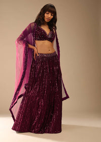 Burgundy Red LehengaEmbellished In Sequins With A Velvet Choli Adorned In Flower Shaped Sequins