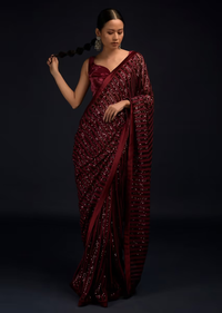 Burgundy Red Ready Pleated Saree In Net With Sequin Embellished Stripes And Matching Velvet Crop Top