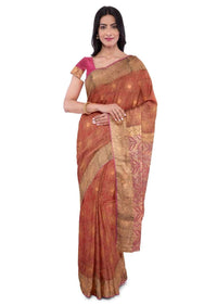 Burnt orange banarasi silk saree with magenta silk blouse piece only on Kalki