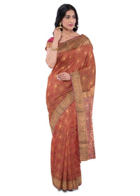 Burnt orange banarasi silk saree with magenta silk blouse piece only on Kalki