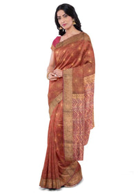 Burnt orange banarasi silk saree with magenta silk blouse piece only on Kalki