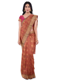 Burnt orange banarasi silk saree with magenta silk blouse piece only on Kalki