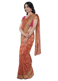 Burnt orange banarasi silk saree with magenta silk blouse piece only on Kalki