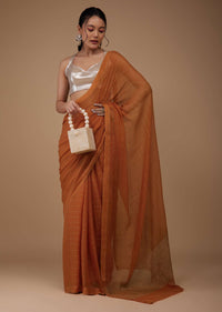 Rust Orange Chiffon Saree With Swarovski Stone Embellishments And Satin Border