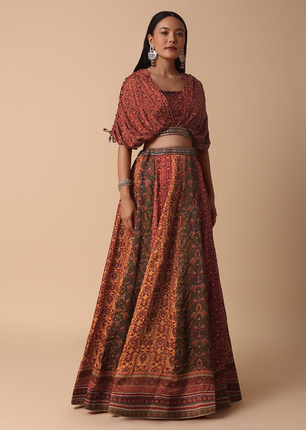 Burnt Orange Printed Lehenga With Embroidered Choli And Dupatta