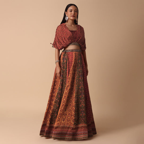 Burnt Orange Printed Lehenga With Embroidered Choli And Dupatta