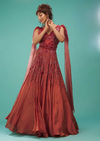 Brick Red Ball Gown With Ruffle Frills And Embroidery