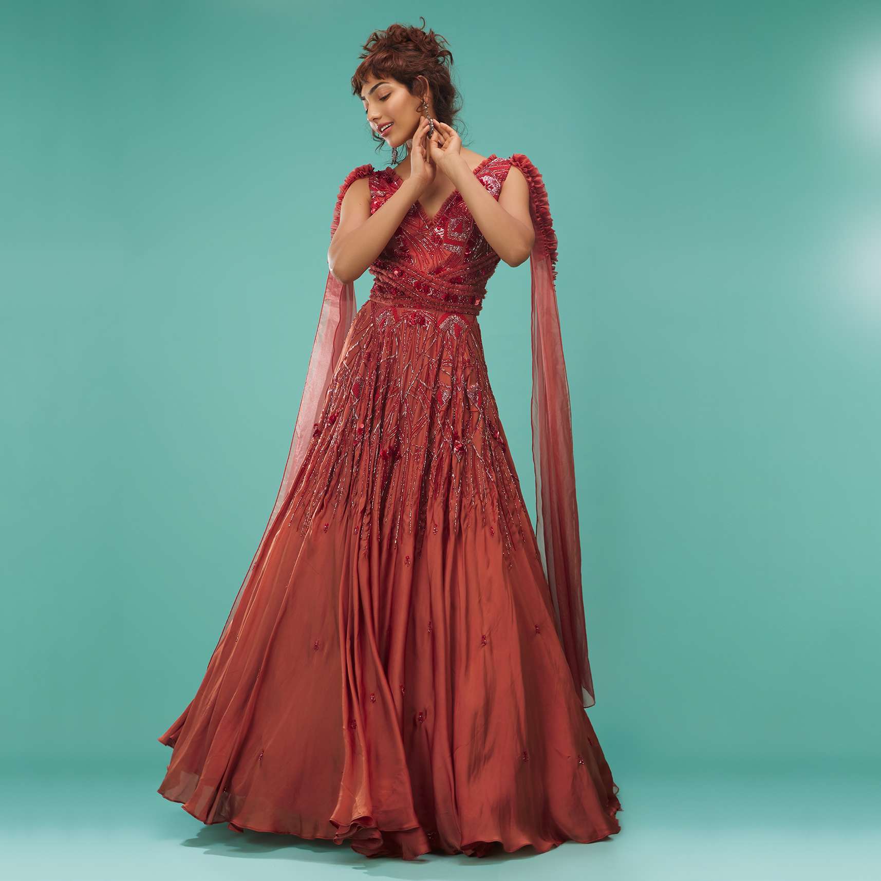 Brick Red Ball Gown With Ruffle Frills And Embroidery