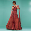 Brick Red Ball Gown With Ruffle Frills And Embroidery