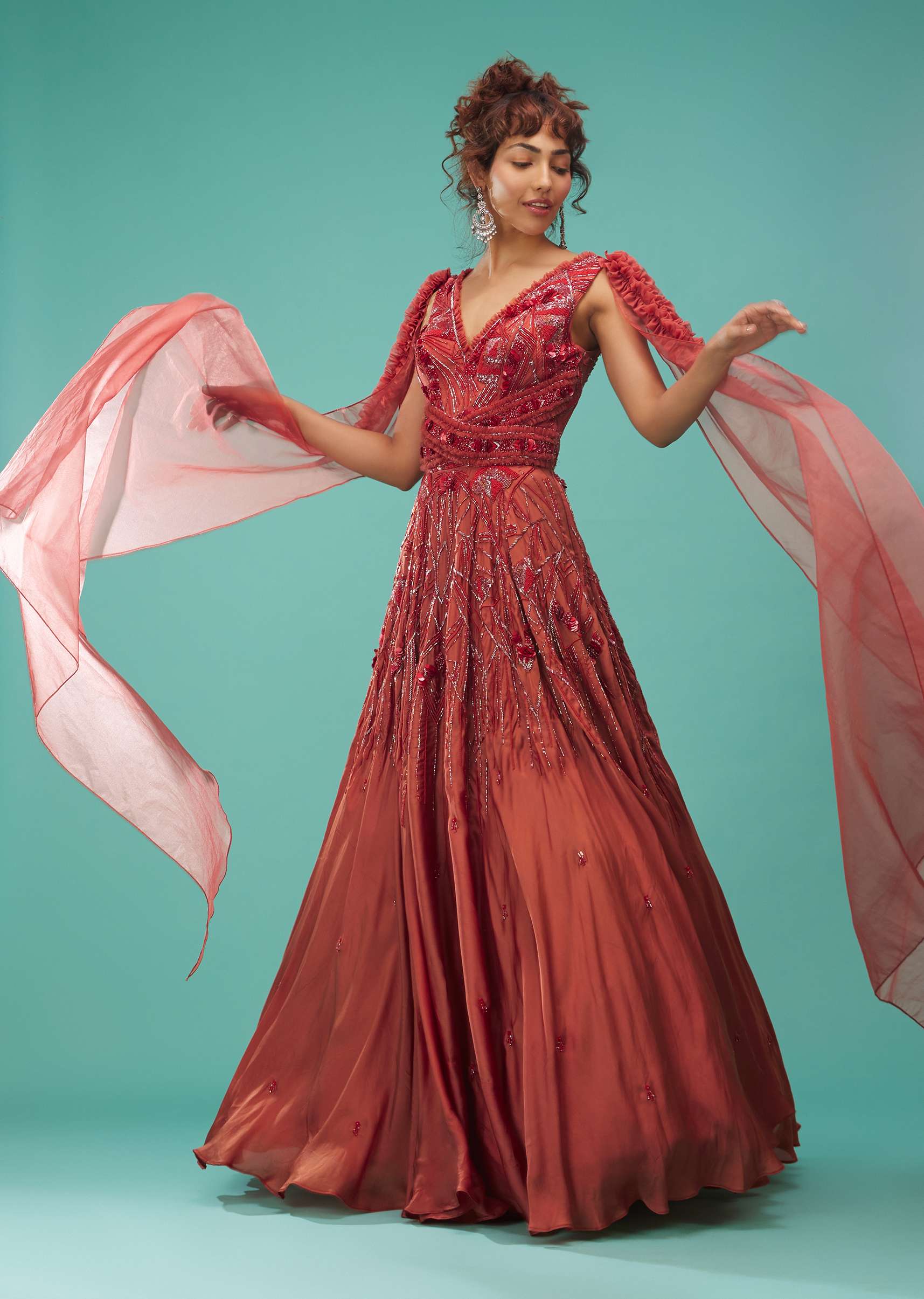 Brick Red Ball Gown With Ruffle Frills And Embroidery