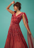 Brick Red Ball Gown With Ruffle Frills And Embroidery