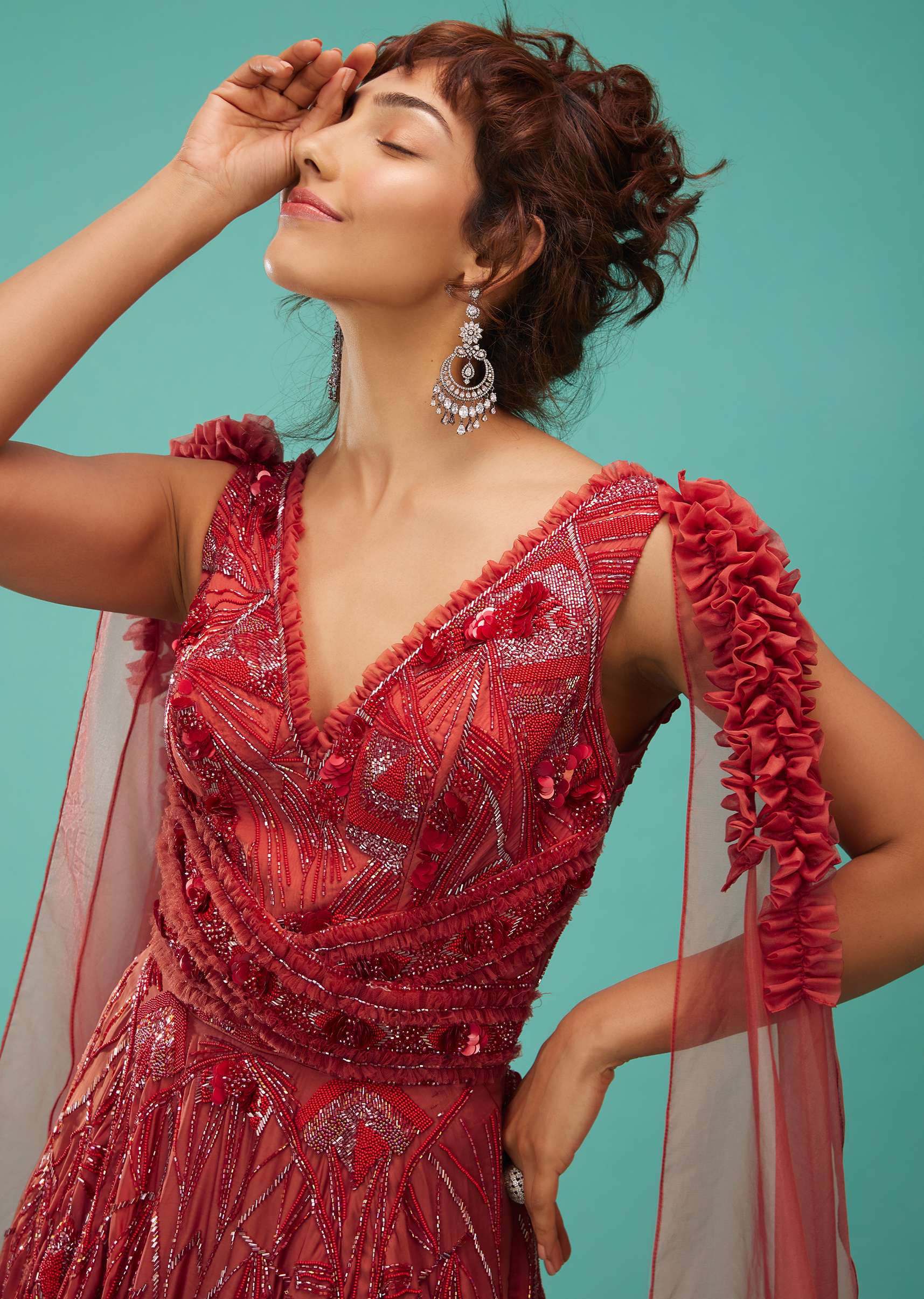 Brick Red Ball Gown With Ruffle Frills And Embroidery