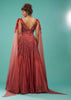 Brick Red Ball Gown With Ruffle Frills And Embroidery