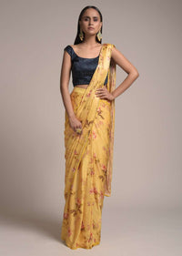 Butter Yellow Ready Pleated Saree In Satin With Floral Print And Contrasting Midnight Blue Embellished Blouse Online - Kalki Fashion