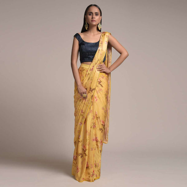 Butter Yellow Ready Pleated Saree In Satin With Floral Print And Contrasting Midnight Blue Embellished Blouse Online - Kalki Fashion