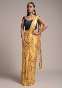 Butter Yellow Ready Pleated Saree In Satin With Floral Print And Contrasting Midnight Blue Embellished Blouse Online - Kalki Fashion