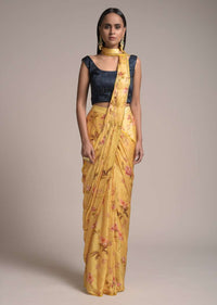 Butter Yellow Ready Pleated Saree In Satin With Floral Print And Contrasting Midnight Blue Embellished Blouse Online - Kalki Fashion