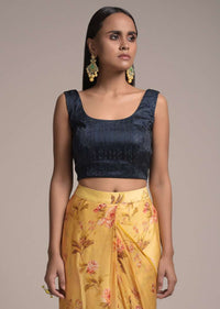 Butter Yellow Ready Pleated Saree In Satin With Floral Print And Contrasting Midnight Blue Embellished Blouse Online - Kalki Fashion