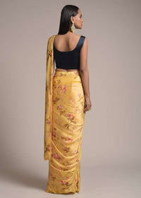 Butter Yellow Ready Pleated Saree In Satin With Floral Print And Contrasting Midnight Blue Embellished Blouse Online - Kalki Fashion