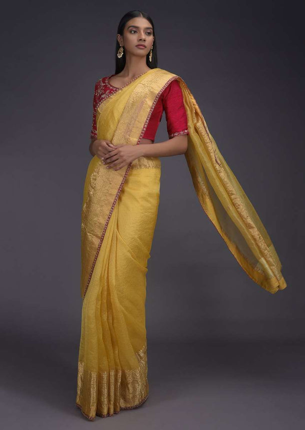 Butter Yellow Saree In Kota Silk With Weaved Floral Pattern On The Border Online - Kalki Fashion