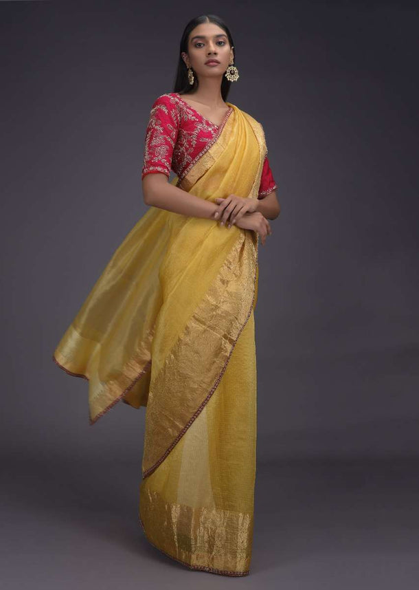 Butter Yellow Saree In Kota Silk With Weaved Floral Pattern On The Border Online - Kalki Fashion