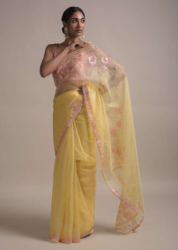 Butter Yellow Saree In Organza Adorned With Sequins And Pearls Embellished Floral Pattern Online - Kalki Fashion