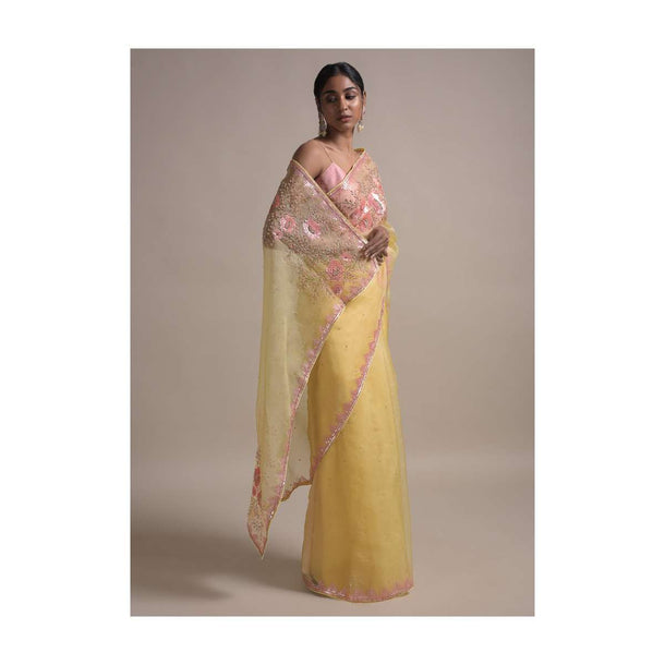 Butter Yellow Saree In Organza Adorned With Sequins And Pearls Embellished Floral Pattern Online - Kalki Fashion