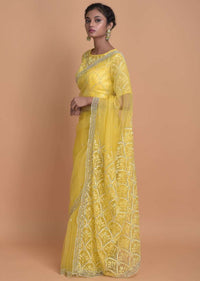 Butter Yellow Saree In Organza With Mirror Work Online - Kalki Fashion