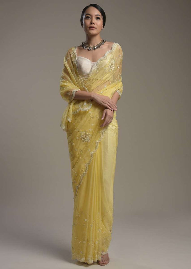 Butter Yellow Saree In Organza With Moti And Cut Dana Embroidered Border And Unstitched Blouse