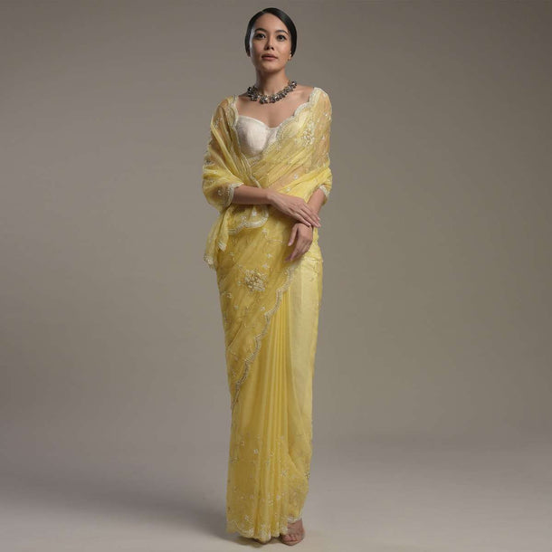 Butter Yellow Saree In Organza With Moti And Cut Dana Embroidered Border And Unstitched Blouse