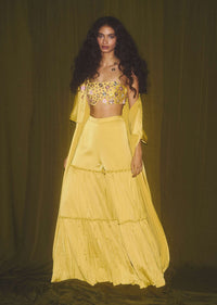 Butter Yellow Sharara Suit In Satin Crepe With 3D Flower Embroidered Crop Top And Long Jacket