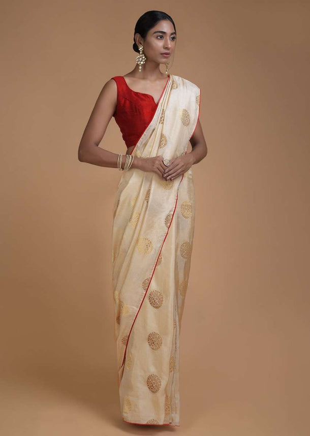 Buttermilk Beige Saree In Cotton Silk With Weaved Floral Pattern In Round Buttis