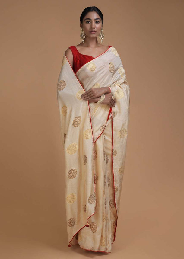 Buttermilk Beige Saree In Cotton Silk With Weaved Floral Pattern In Round Buttis