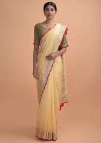 Buttermilk Beige Saree In Organza With Mirror Work And Moss Green Blouse Online - Kalki Online