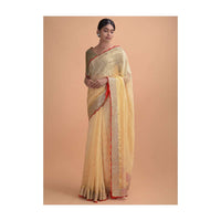 Buttermilk Beige Saree In Organza With Mirror Work And Moss Green Blouse Online - Kalki Online