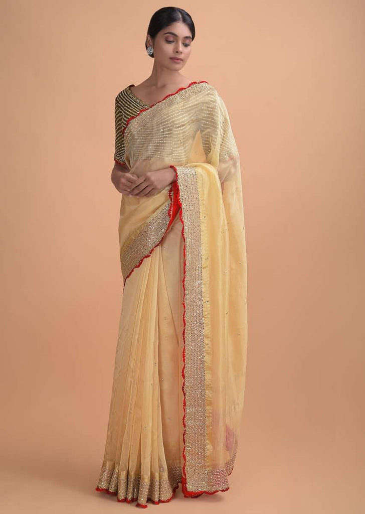 Buttermilk Beige Saree In Organza With Mirror Work And Moss Green Blouse Online - Kalki Online