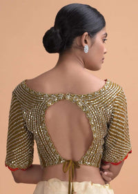 Buttermilk Beige Saree In Organza With Mirror Work And Moss Green Blouse Online - Kalki Online